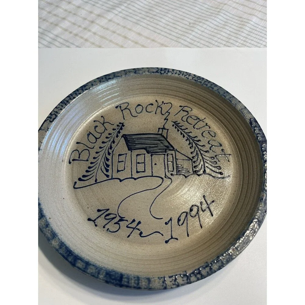 Vintage Eldreth Pottery Salt Glaze Blue Gray Pie Dish “Black Rock Retreat